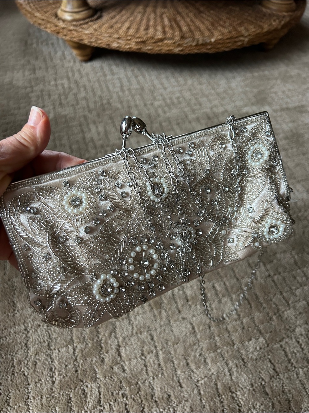 Signature Silver Beaded Floral Evening Clutch